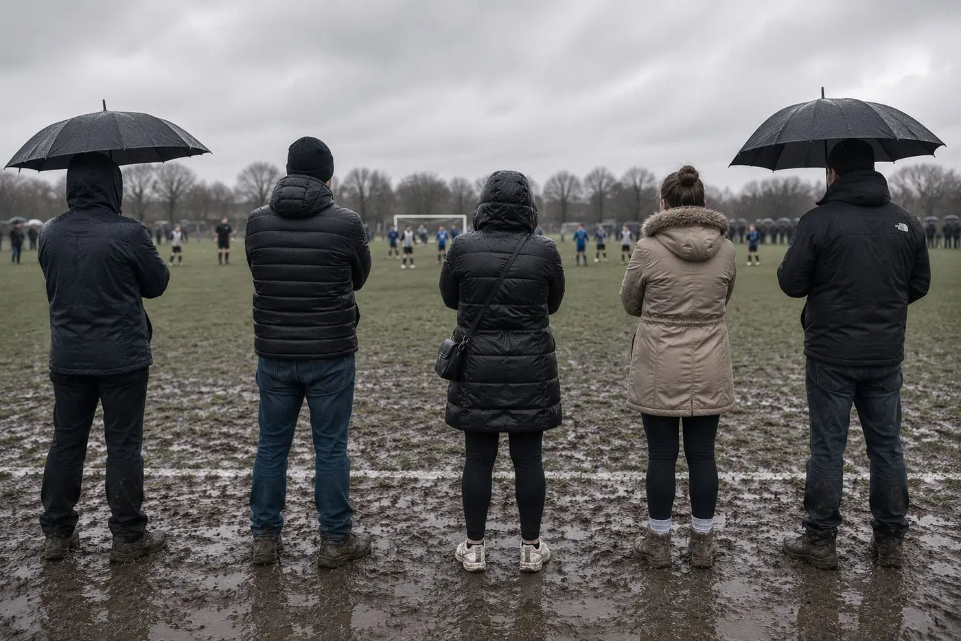 Parents standing on a rainy touchline
